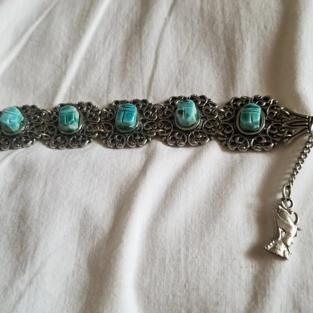 Rare Vintage Revival Jewelry Egyptian Scarab Beetle Link Bracelet